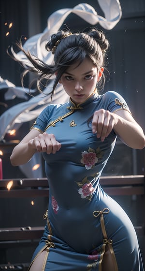 masterpiece,best quality,ultra-detailed,Blue smoke enveloped the body,Long blue cheongsam, detailed face, fight pose