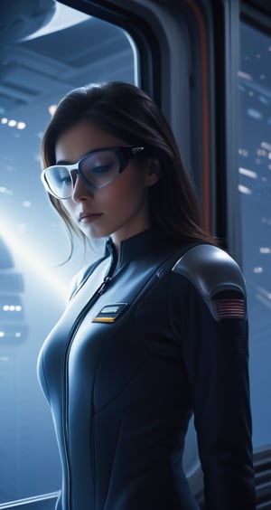 1 girl, sleep standing, glasses cabin, hi tech, wear a high tech suit, hose, ufo, space ship, 