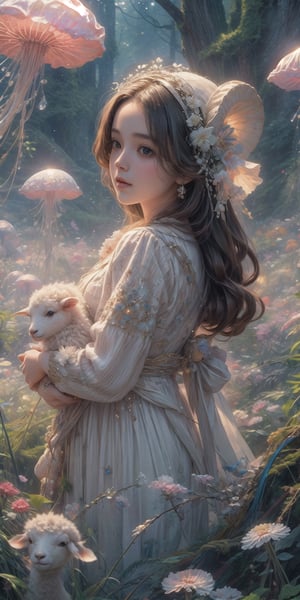 1 girl, in flower field, holding cute white lamb ,detailed lamb , detailed face, ,fantasy_world,jellyfishforest