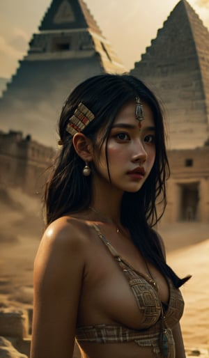 ((masterpiece)), ((best quality)), ((illustration)), extremely detailed,style girl, long shot, small breast,, hair ornaments, beautiful detailed deep eyes, , cinematic lighting,1 girl, aztec city, pyramide