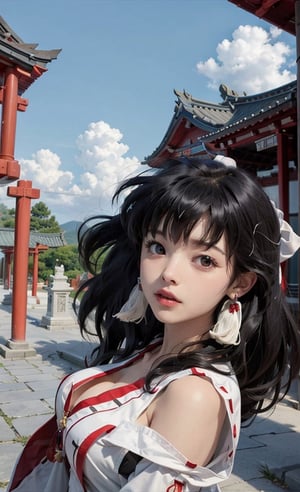 beautifull sky, detailed face, temple, windy, higurashi kagome,miko dressing