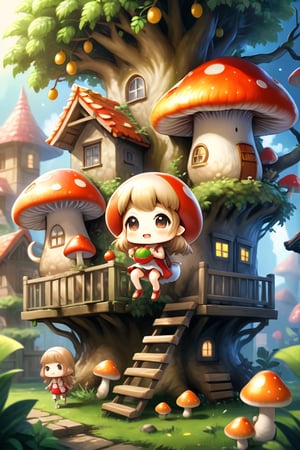 (((masterpiece))), (((best quality))), ((ultra-detailed)), group of child , climbing fruit tree, house made of mushroom background, cinematic light, ,chibi,Xxmix_Catecat, detail chibis  (dynamic pose:1.5) 