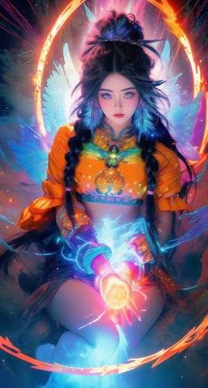 A vibrant anime-inspired scene unfolds: a teenage girl with long black hair styled in intricate braids sits amidst elemental elements - swirling clouds of misty gray and wispy tendrils of fiery orange. Her bright light blue eyes sparkle like stars as she gazes intently at the delicate butterfly perched on her outstretched hand, its iridescent wings shimmering in harmony with her own fiery aura. The ringmaster's top hat and colorful costume lie discarded nearby, a testament to the whimsical energy of this mystical realm.,midjourney,1 girl 