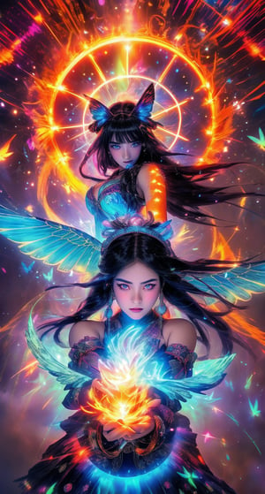 A vibrant anime-inspired scene unfolds: a teenage girl with long black hair styled in intricate braids sits amidst elemental elements - swirling clouds of misty gray and wispy tendrils of fiery orange. Her bright light blue eyes sparkle like stars as she gazes intently at the delicate butterfly perched on her outstretched hand, its iridescent wings shimmering in harmony with her own fiery aura. The ringmaster's top hat and colorful costume lie discarded nearby, a testament to the whimsical energy of this mystical realm.,midjourney