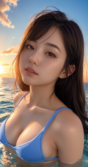 masterpiece, 1 girl, soaking in water, detailed face, blue sky,  low body camera, sunset, bikini,