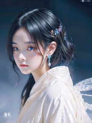 (masterpiece, top quality, best quality, official art, beautiful and aesthetic:1.2), (1girl), extreme detailed,(abstract, fractal art:1.3),colorful hair,highest detailed, detailed_eyes, light_particles, hanfu,jewelry,dark academia