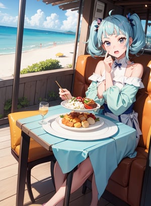 1 girl, beach restaurant, pastel colour, sora, funny face