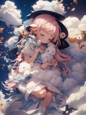 cupid, sleep in cloud, holding lamb pillow ,Witch