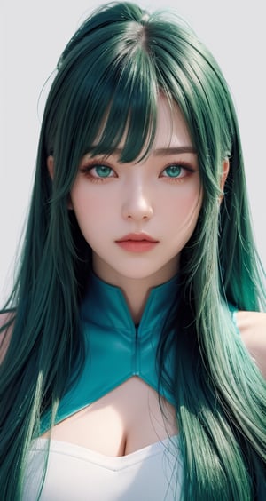 1woman, ((blank background)), vibrant colors, head and shoulders portrait, long_hair, pale, bangs, green_eyes, warrior, large forhead