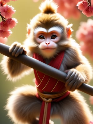 monkey king, sun wukong, uhd, realistic, fighting pose, small monkey, cute, peach tree, eat peach, classical_mythology,
,dfdd,Asian folklore ,Xxmix_Catecat