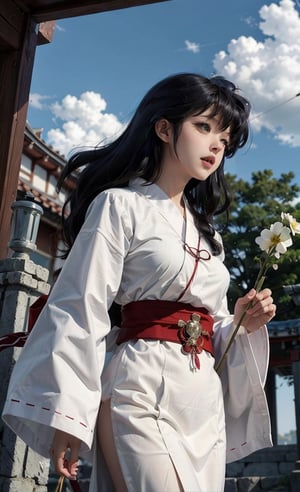 beautifull sky, detailed face, temple, windy, higurashi kagome,miko dressing