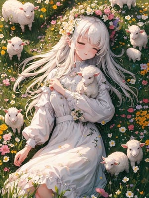 1 girl, sleep in flower field, holding cute white lamb ,Witch, detailed lamb , detailed face, 