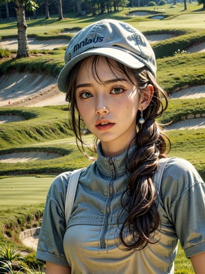 1 girl, playing golf, detailed face, golf hat,