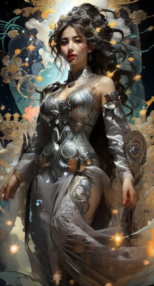 (goddess,venus,iron woman),busty,(Intricate luminous armor :1.2),white plasma electromagnetic shield,crystal and silver entanglement,Star flash,(Persian Paisley clothes),glowing forehead