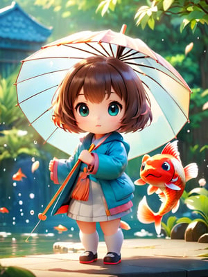 1young girl, curious expression, short hair, flowing hair, bangs, colorful detailed eyes, holding big koi,chibi,Xxmix_Catecat,3d style,umbrella, cat 