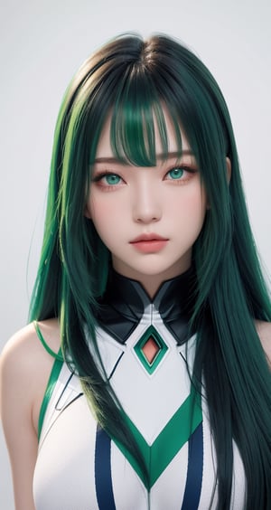 1woman, ((blank background)), vibrant colors, head and shoulders portrait, long_hair, pale, bangs, green_eyes, warrior, large forhead