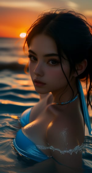 masterpiece, 1 girl, soaking in water, detailed face, blue sky,  low body camera, sunset, bikini,