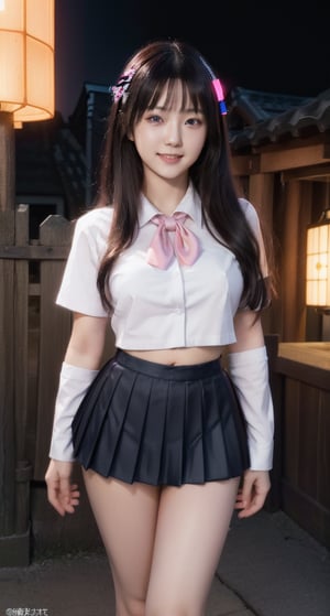 masterpiece, best quality, ultra realistic illustration, 16K, (HDR), high resolution, female_solo, (white long hair:1.3) , slender hot body proportion , smiling at viewer, 1 Japanese girl with blue eyes , holding 1 revolver gun, (wearing beautiful long white school uniform shirt+loose cropped haori +bow tie+pleated black short skirt), full-body shot, ( legs apart+showing black underwear) , (highly detailed background of ancient Japan buildings with cyberpunk style+neon lights:1.0),(pink +puple backing lighting, blue front lighting), add More Detail, Color magic,perfect fingers, girl, samurai, jp_school_uniform