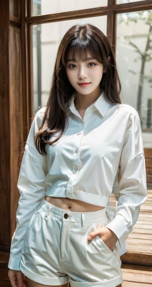 18 yo, 1 girl, beautiful chinese girl,
wearing white collared long sleeve shirts,short pants,  solo, {beautiful and detailed eyes}, dark eyes, calm expression, delicate facial features, ((model pose)), Glamor body type, (dark hair:1.2), very_long_hair, hair past hip, bangs, straight hair, flim grain, realhands, masterpiece, Best Quality, 16k, photorealistic, ultra-detailed, finely detailed, high resolution, perfect dynamic composition, beautiful detailed eyes, eye smile, ((nervous and embarrassed)), sharp-focus, full_body, cowboy_shot,