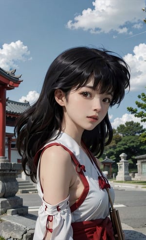 beautifull sky, detailed face, temple, windy, higurashi kagome,miko dressing