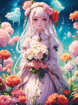 1 girl, holding flower , white lamb eating flower, detailed lamb , detailed face, ,fantasy_world, pastel colour, vibrant, 