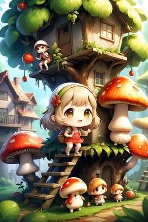 (((masterpiece))), (((best quality))), ((ultra-detailed)), group of child , climbing fruit tree, house made of mushroom background, cinematic light, ,chibi,Xxmix_Catecat, detail chibis  (dynamic pose:1.5) 