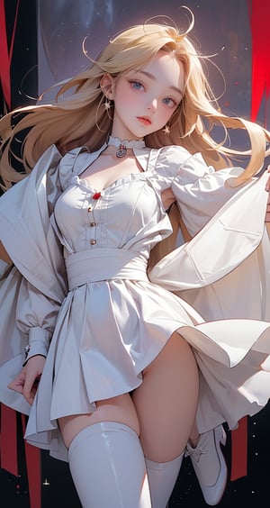 A masterfully crafted masterpiece of a girl, rendered in breathtaking detail with a quality score of 1.2, looks directly at the viewer with an inviting friendly expression. Her piercing purple eyes sparkle as she wears a choker and hairclip, her long blonde locks adorned with a white-red dress flowing like solar flares beneath her shoulders. Her thighs, slightly accentuated to a rating of 0.8, are clad in matching white-red boots, giving the impression of floating in mid-air amidst the starry vastness of space. The framing is deliberate and precise, showcasing her solo presence within a cowboy shot composition that exudes confidence and freedom.