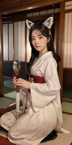Woman with fox ears and tail holding a glave, wearing an japanesse armor, the scenario is a japan, heterochromia, red eyes