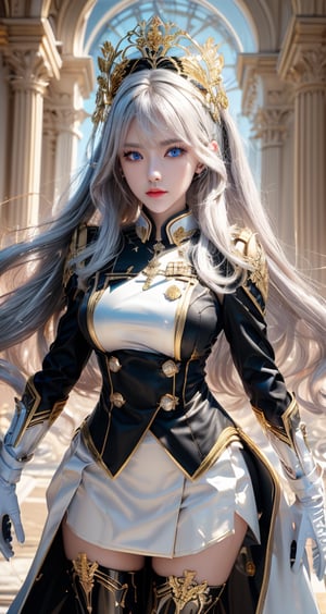 Pretty and intimidating girl. She wears a very elegant black military dress (white shirt, blazer, skirt, white gloves, gold cloth shoulder pad, military plate cap). She is a very elegant and dominant girl. Hyperdetailing masterpiece, hyperdetailing skin, masterpiece quality, with 4k resolution. Long hair, himecut hairstyle, silver hair. Mansion in background. She belongs to the nobility. cold and dominant gaze, masterpiece, best quality, incredibly absurdres. bright blue eyes shining brightly.