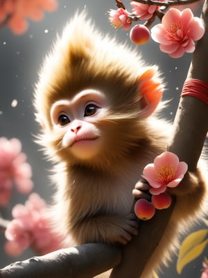 monkey king, sun wukong, uhd, realistic, fighting pose, small monkey, cute, peach tree, eat peach, 
,dfdd,Asian folklore ,Xxmix_Catecat