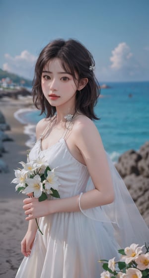 Ultra-realistic 8k, masterpiece,best quality, HDR,Professional,RAW photo, Bokeh, dynamic angle, a girl , cliff, ,beach, Extremely Realistic,1 girl , looking at camera,Beautiful Beach,flower,dress