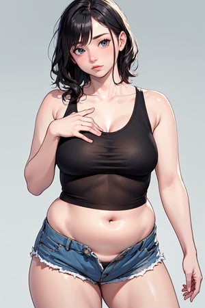 ((masterpiece,best quality,8k,fine lineart,highly detailed,absurdres)),(female),solo,black wavy,short hair,bare legs,tank top,see-through,shorts,Perfect breasts,thick thighs,belly button,Buttocks,standing pose,simple_background,