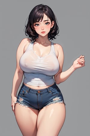 ((masterpiece,best quality,8k,fine lineart,highly detailed,absurdres)),(girl),solo,black wavy,short hair,bare legs,tank top,shorts,Perfect breasts,(chubby face:1.3),thick thighs,simple_background,