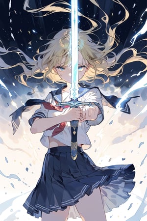 masterpiece,best quality,aesthetic,glowing sword,1girl,solo,serafuku,school uniform,holding sword,white glowing sword,hands holding sword high,