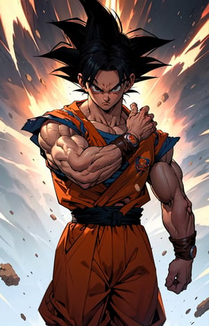 solo,((goku)),(muscular1.1),(cowboy shot:1.4),black_background,boichi manga style,blasting kamehameha,