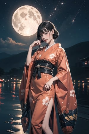 solo,((bishoujo)),(japanses clothes),night_sky,fullmoon,milf,