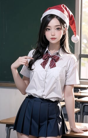solo,((Cute girl)),santa hat,Realism,cowboy_shot,school uniform,in the classroom,