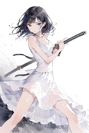 masterpiece,best quality,aesthetic,((girl)),solo,A-line sundress,iaidow,weapon, katana, holding sword, ready to draw, sheathed, unsheathing, scabbard,