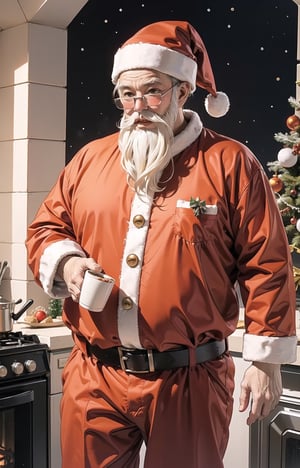 solo,((Santa Claus)),(cowboy shot:1.4),boichi manga style,
(Fat:1.4),(Santa Claus suit:1.4),santa hat,(by the stove),Coffee cup in hand