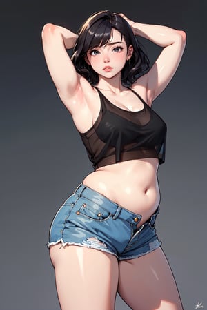 ((masterpiece,best quality,8k,fine lineart,highly detailed,absurdres)),(female),solo,black wavy,short hair,bare legs,tank top,see-through,shorts,Perfect breasts,thick thighs,belly button,Buttocks,standing pose,simple_background,
