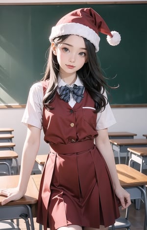 solo,((little girl)),Realism,santa hat,cowboy_shot,school uniform,in the classroom,