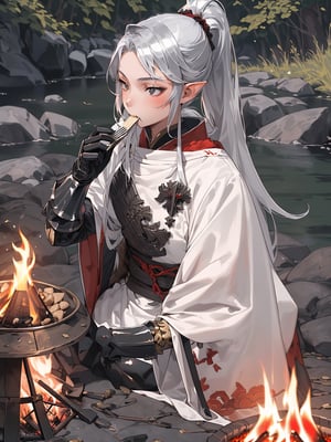 1girl,18 years old,beautiful elven girl,(((onmyouji))),(((suikan))),armor,(White cloak with red decoration),(((black gauntlet and glove))),(((silver long ponytail hair))),(((Eating military rations with a fork over a campfire on the riverbank)))