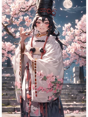 1girl,((18 years old)),((onmyouji)),((tate eboshi)),(full moon),nice hands, perfect hands,smile,((flurry of falling cherry blossoms))