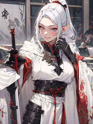 1girl,18 years old,beautiful elven girl,(((onmyouji))),(((suikan))),armor,White cloak with red decoration,(black gauntlet and glove),silver long ponytail hair,smile,office