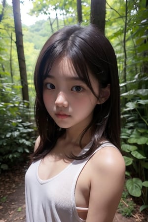 (((deep in the woods))),(looking at the audience),(focus on face),(First-person perspective),(close to the camera, close to the audience),
人：(((a korean little girl:1.3))),(Korean actress Lim Yoona),Pure and restrained little girl,(((little girl of elementary school age))),(low cut),(childish breasts),(childish body),
優：(((16K texture structure))),
髮：(bangs),