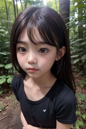 (((deep in the woods))),(looking at the audience),(focus on face),(First-person perspective),(close to the camera, close to the audience),
人：(((a korean little girl:1.3))),(Korean actress Lim Yoona),Pure and restrained little girl,(((little girl of elementary school age))),(low cut),(childish breasts),(childish body),
優：(((16K texture structure))),
髮：(bangs),