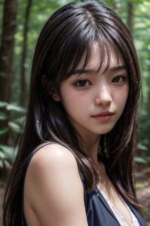 (((deep in the woods))),((looks at viewer)),(((Only the face enters the camera))), (Focus on the face),
人物：a korean girl,Pure and lovely korean girl,(low-cut),
優化：(((Realistic and delicate high-resolution structure: 1.4, Realistic and delicate high-quality structure: 1.4))),
頭髮：(((long hair))),(bangs),
服飾：(white spaghetti strap sheer vest),