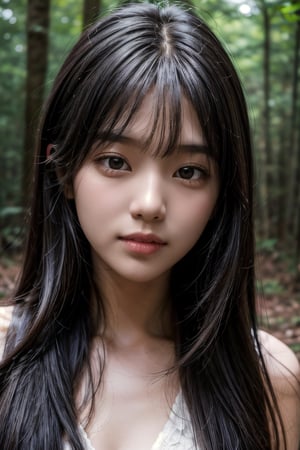 (((deep in the woods))),((looks at viewer)),(((Only the face enters the camera))), (Focus on the face),
人物：a korean girl,Pure and lovely korean girl,(low-cut),
優化：(((Realistic and delicate high-resolution structure: 1.4, Realistic and delicate high-quality structure: 1.4))),
頭髮：(((long hair))),(bangs),