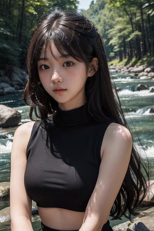 (((wild stream side))),(((looking at the audience))),(((Only the face is in the shot))),
人：(((a korean girl))),(low cut),
優：(((16K texture structure))),Beautiful oval face profile,
髮：(bangs),((long hair)),(curls),
服：spaghetti strap sleeveless vest,