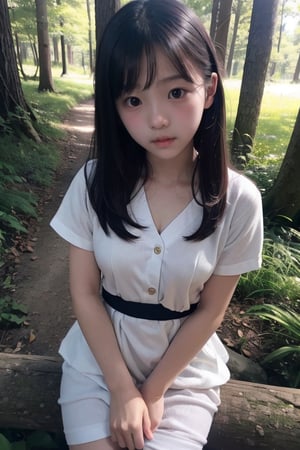 (((deep in the woods))),(looking at the audience),(focus on face),(First-person perspective),(close to the camera, close to the audience),
人：(((a korean little girl:1.3))),(Korean actress Lim Yoona),Pure and restrained little girl,(((little girl of elementary school age))),(low cut),(childish breasts),(childish body),
優：(((16K texture structure))),
髮：(bangs),